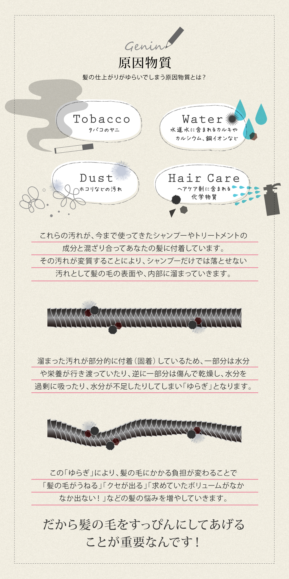 タバコのヤニ、ホコリや汚れ、ヘアケア剤に含まれる化学物質、水道水に含まれるカルキやカルシウム、銅イオンなどが、あなたの髪の仕上がりがゆらいでしまう原因。でも、原因となる物質をしっかりクレンジングできれば髪のトラブルを解消して、あなたのなりたい髪になることができます！