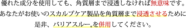 いくら良い商品を使用しても浸透しなければ意味がありません。あなたが一番気に入っているスカルプエッセンス・育毛剤をお使いになる前にバリアスルーをお使いください。