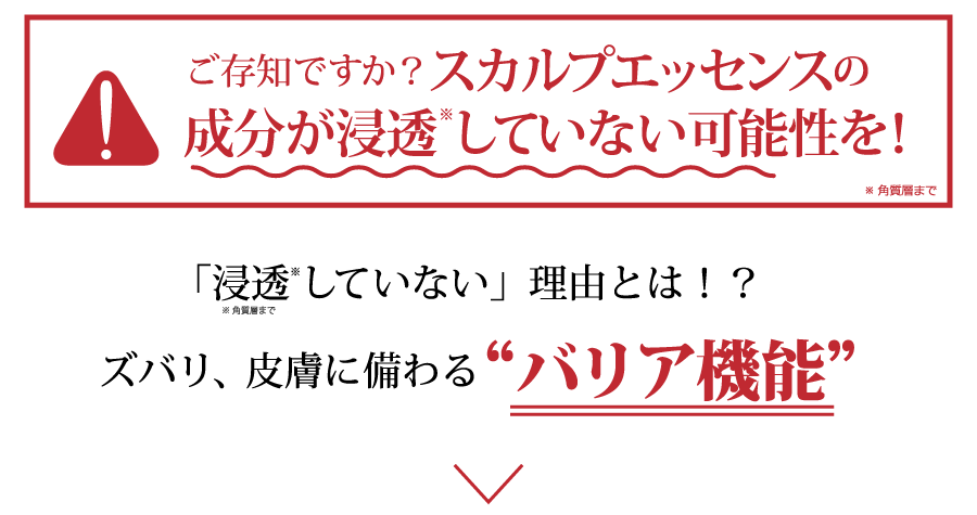 ご存知ですか？スカルプエッセンスの成分が浸透していない可能性を！実は皮膚のバリア層によって浸透を阻止されています。