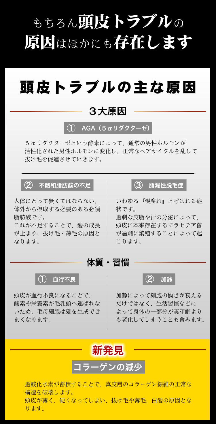 頭皮トラブルには3大原因と、新発見された原因があります