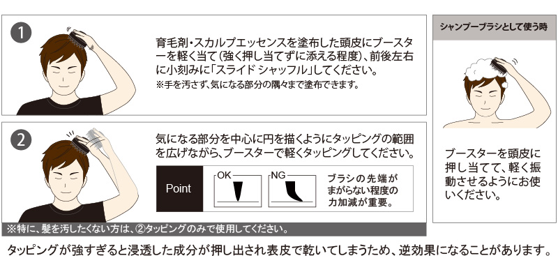 育毛剤・スカルプエッセンス塗布する際に軽く押し当てて、引き上げるを繰り返してください。浸透が促進されます。