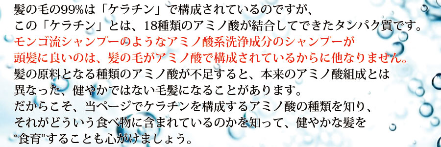 髪の毛の99%は「ケラチン」で構成されているのですが、この「ケラチン」とは、18種類のアミノ酸が結合してできたタンパク質です。モンゴ流シャンプーのようなアミノ酸系洗浄成分のシャンプーが頭髪に良いのは、髪の毛がアミノ酸で構成されているからに他なりません。髪の原料となる種類のアミノ酸が不足すると、本来のアミノ酸組成とは異なった、健やかではない毛髪になることがあります。だからこそ、当ページでケラチンを構成するアミノ酸の種類を知り、それがどういう食べ物に含まれているのかを知って、健やかな髪を食育することも心がけましょう。