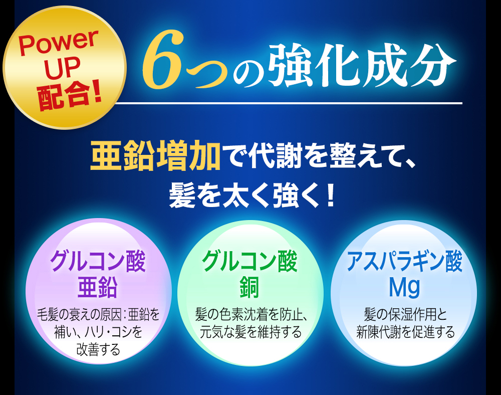 6つの強化成分 亜鉛増加で代謝を整えて、髪を太く強く！