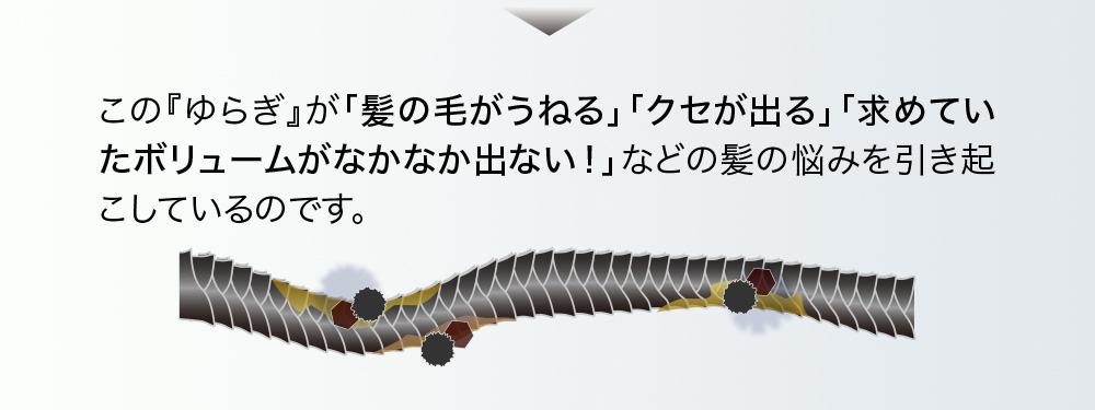 この「ゆらぎ」が「髪の毛がうねる」「クセが出る」「求めていたボリュームがなかなか出ない！」などの髪の悩みを引き起こしているのです。