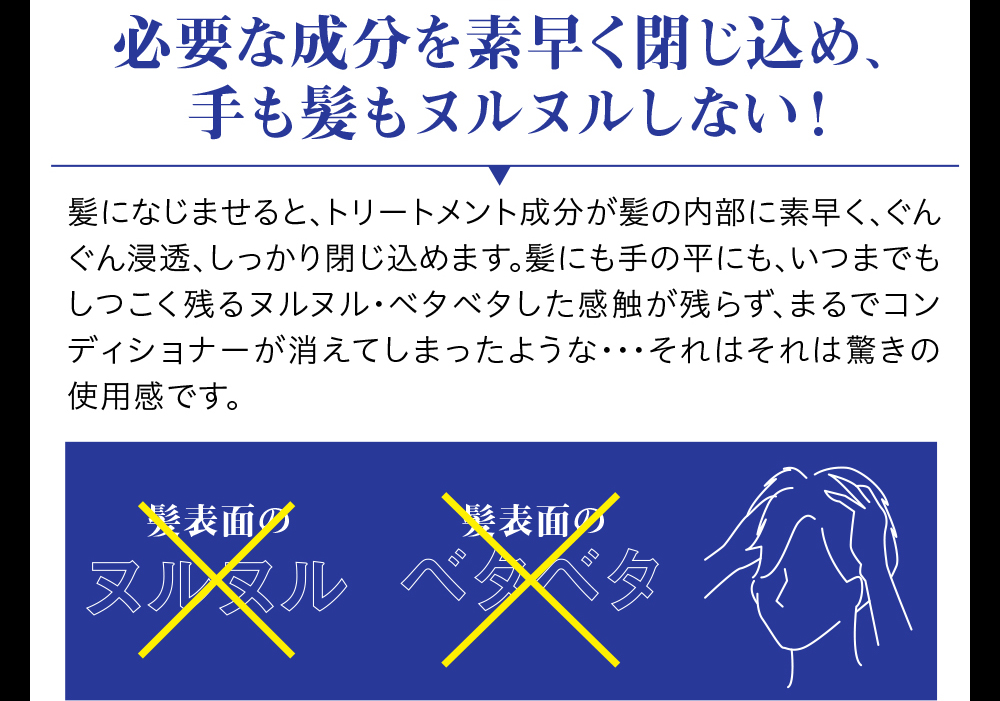 必要な成分を素早く速く閉じ込め、手も髪もヌルヌルしない！