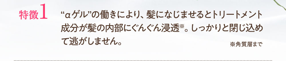 特徴1αゲルの働きにより、髪になじませるとトリートメント成分が髪の内部にぐんぐん浸透。しっかり閉じ込めて逃しません。