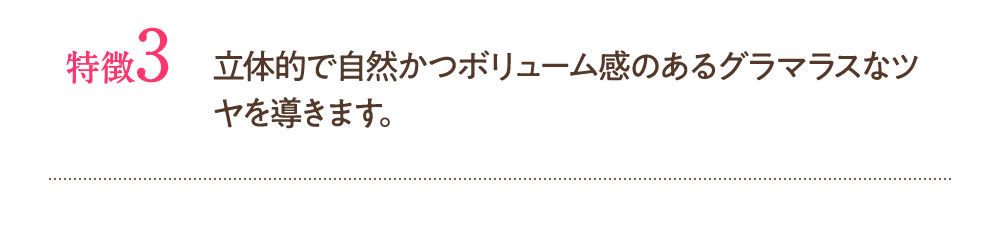 特徴3：立体的で自然かつボリューム感のあるグラマラスなツヤを導きます。