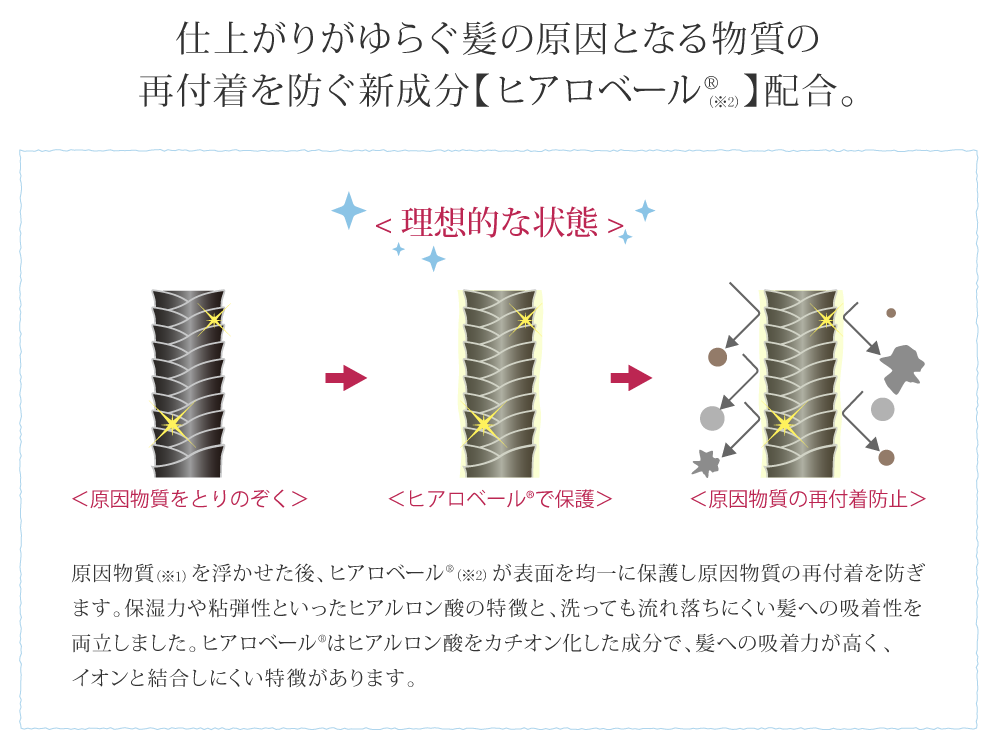 仕上がりがゆらぐ髪の原因となる物質の再付着を防ぐ新成分【ヒアロベールR 】配合。